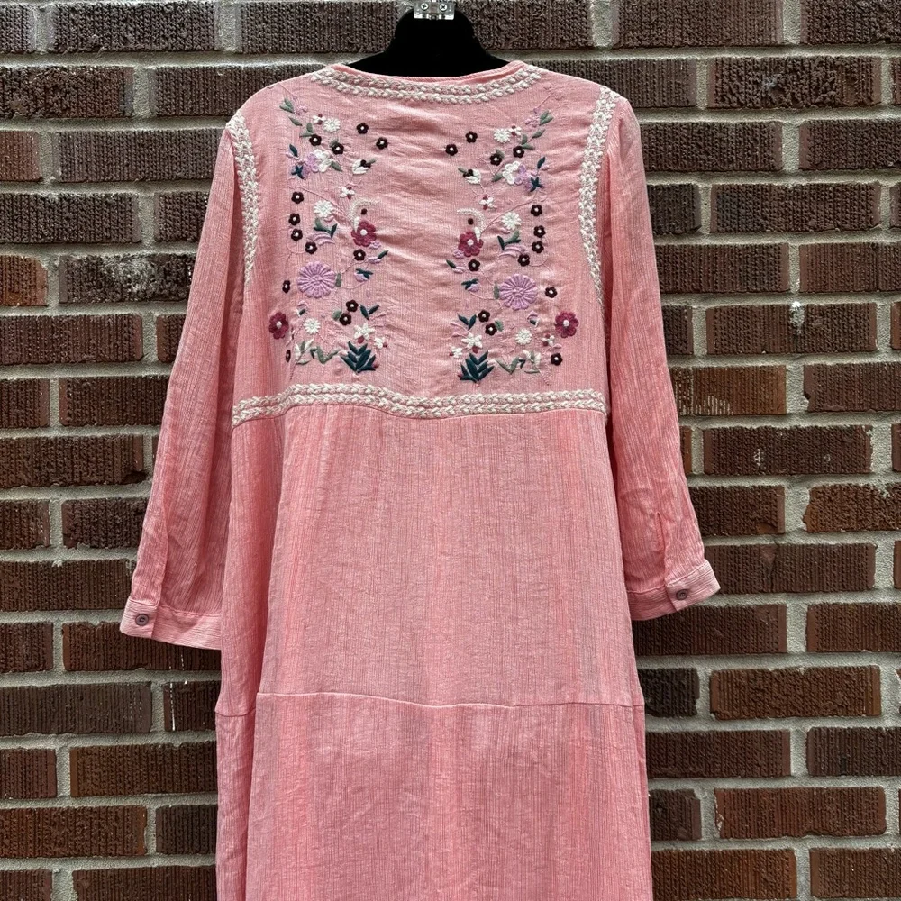 Veveret Embroidered Bohemian Sz L Cottage Prairie Flowy Long Floral Orange Dress